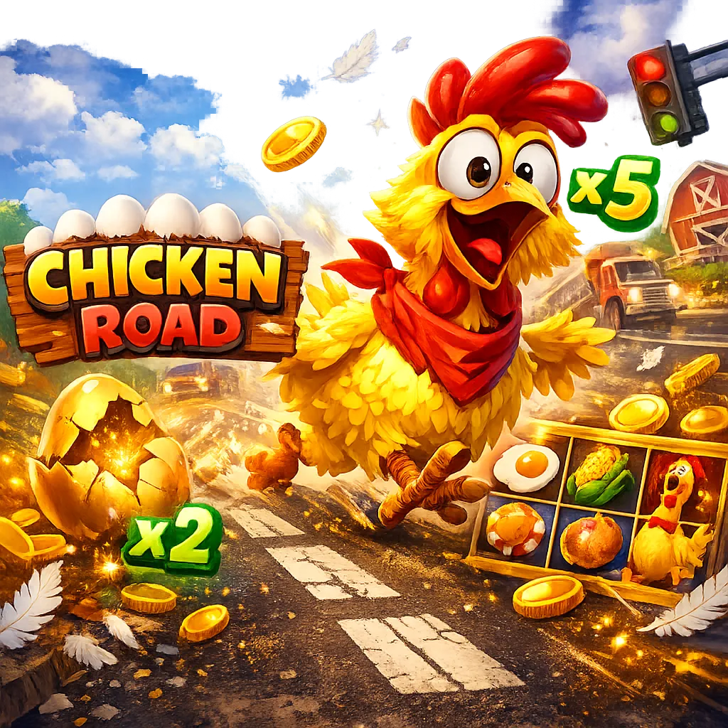 Dynamic promotional image featuring a funny chicken crossing road lanes with eggs, feathers, and floating coins captured in b